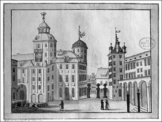Widok zamku od strony dziedzińca, akwaforta Friedricha Augusta Scheurecka (ok. 1790)