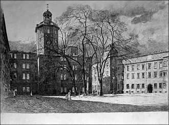 Zamek – dziedziniec, widok na wieżę zegarową, akwaforta Maxa Hellmanna (ok. 1905-1910)