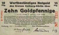 10 złotych fenigów, Kołobrzeg, papier, 1923